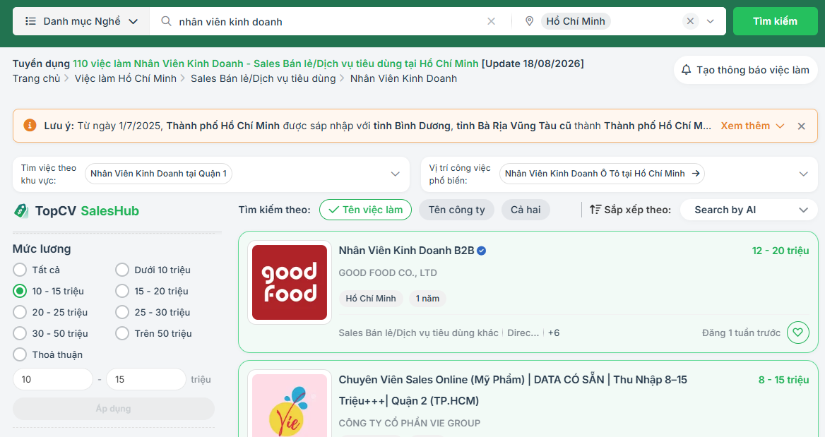 Tìm việc làm theo mức lương trên TopCV